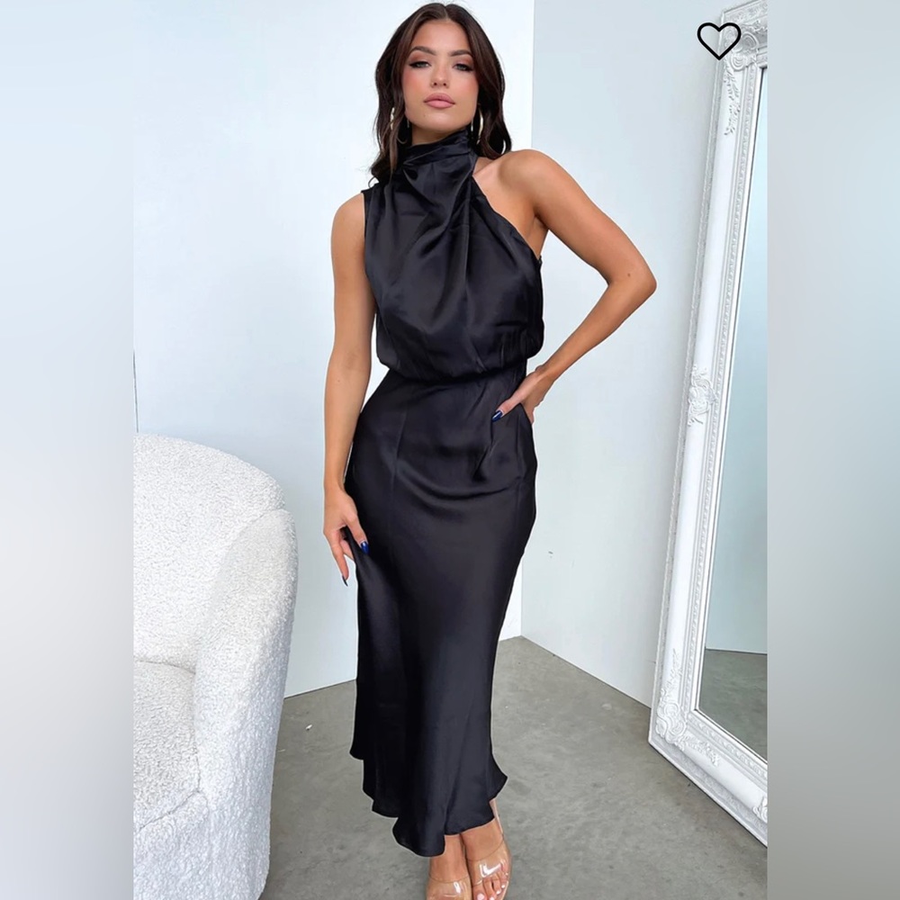 NWT Cherley black sleeveless satin midi dress
